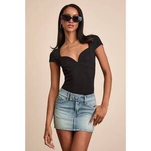 Lulus Jacqueline Black Ribbed Knit Short Sleeve Bodysuit - Size S